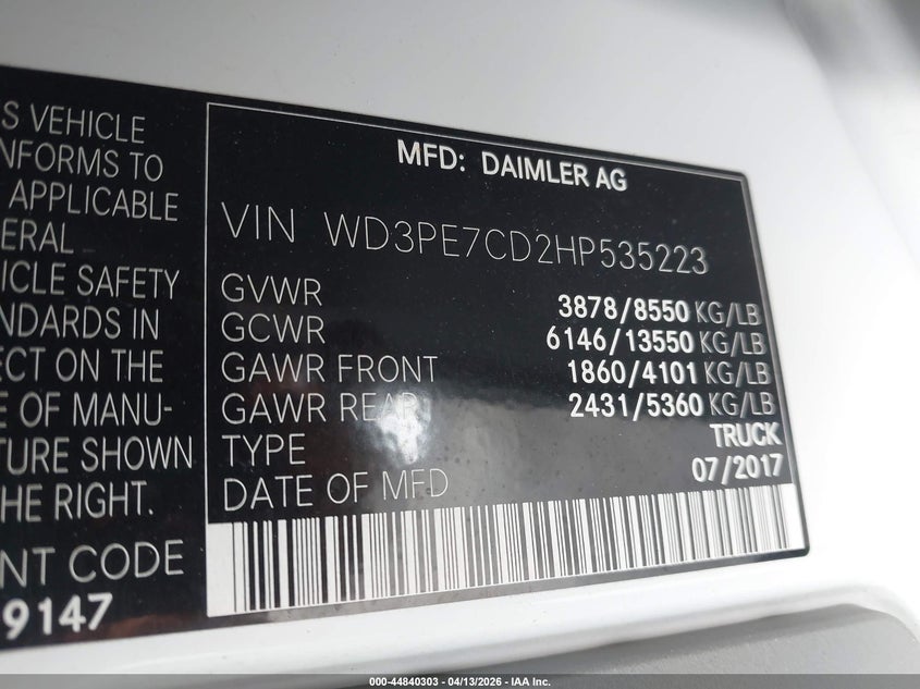 2017 Mercedes-Benz Sprinter 2500 Standard Roof V6 VIN: WD3PE7CD2HP535223 Lot: 44840303