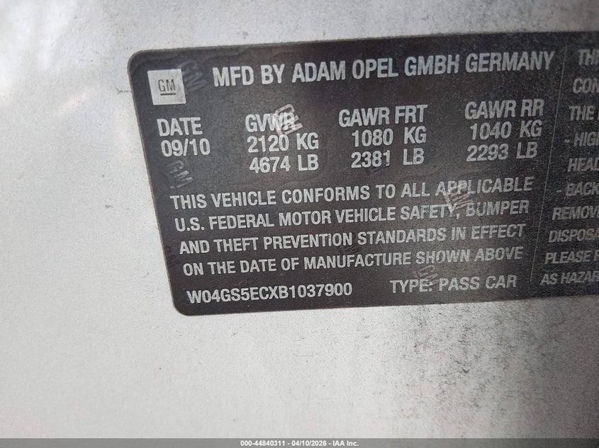 2011 Buick Regal Cxl Russelsheim VIN: W04GS5ECXB1037900 Lot: 44840311