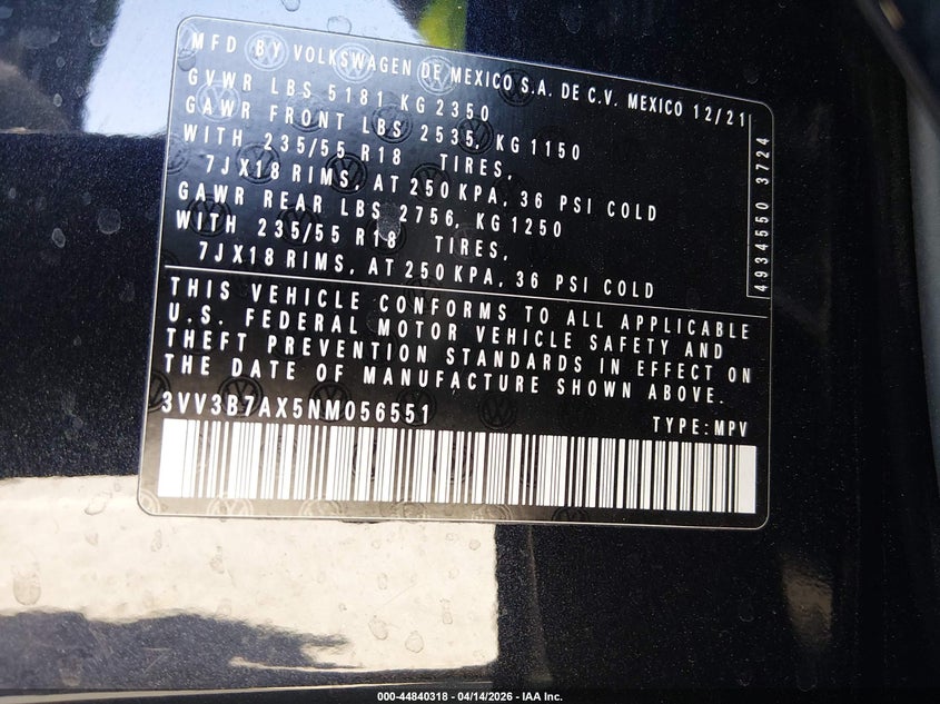 2022 Volkswagen Tiguan 2.0T Se VIN: 3VV3B7AX5NM056551 Lot: 44840318