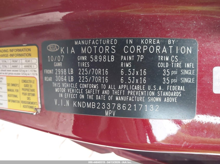 2008 Kia Sedona Lx VIN: KNDMB233786217132 Lot: 44840319