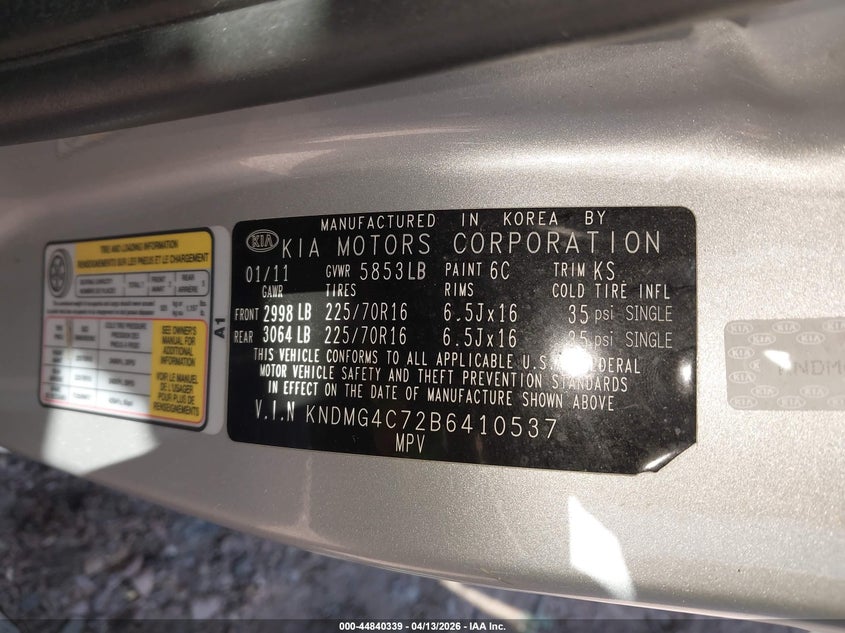 2011 Kia Sedona Lx VIN: KNDMG4C72B6410537 Lot: 44840339