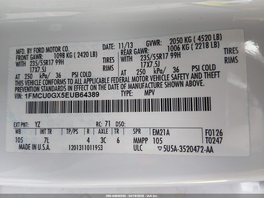 2014 Ford Escape 1.6 Se white Lot 111044840350 Vin 1FMCU0GX5EUB64389