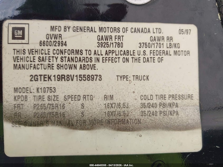 1997 GMC Sierra 1500 Sl Wideside VIN: 2GTEK19R8V1558973 Lot: 44840355