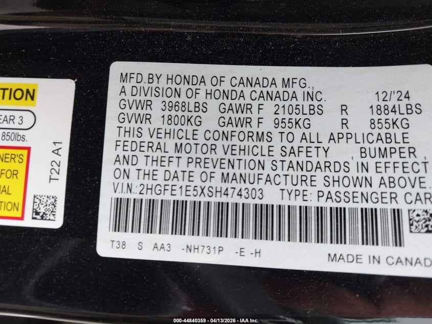 HONDA CIVIC SI 2025 VIN 2HGFE1E5XSH474303