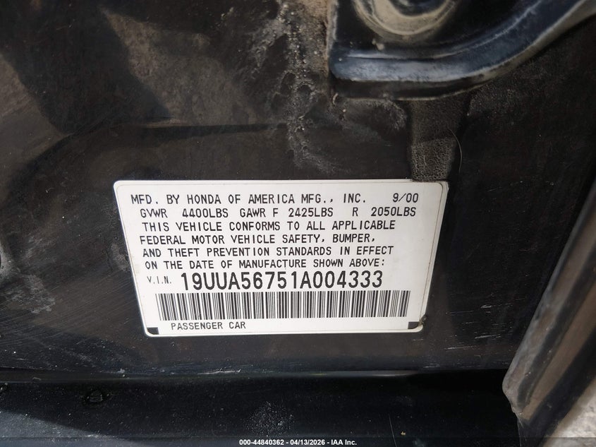 2001 Acura Tl 3.2 VIN: 19UUA56751A004333 Lot: 44840362