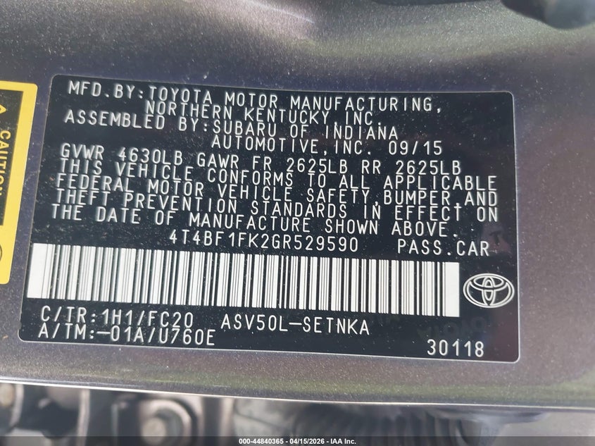 2016 Toyota Camry Le VIN: 4T4BF1FK2GR529590 Lot: 44840365