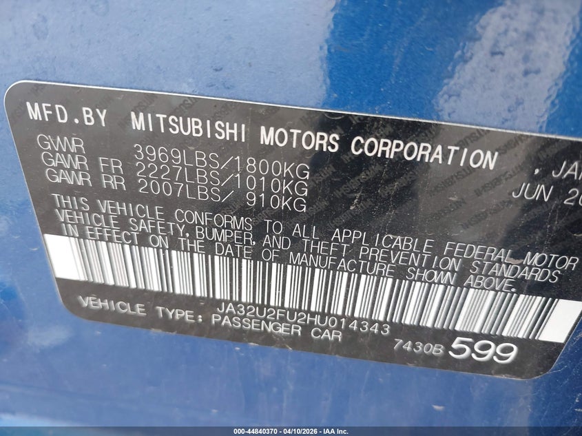 2017 Mitsubishi Lancer Le VIN: JA32U2FU2HU014343 Lot: 44840370