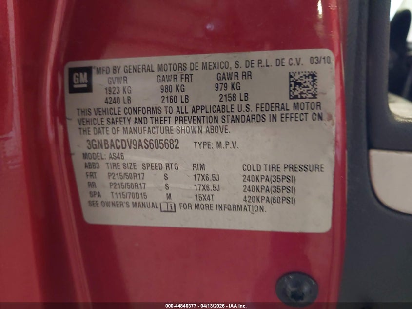 2010 Chevrolet Hhr Lt VIN: 3GNBACDV9AS605682 Lot: 44840377