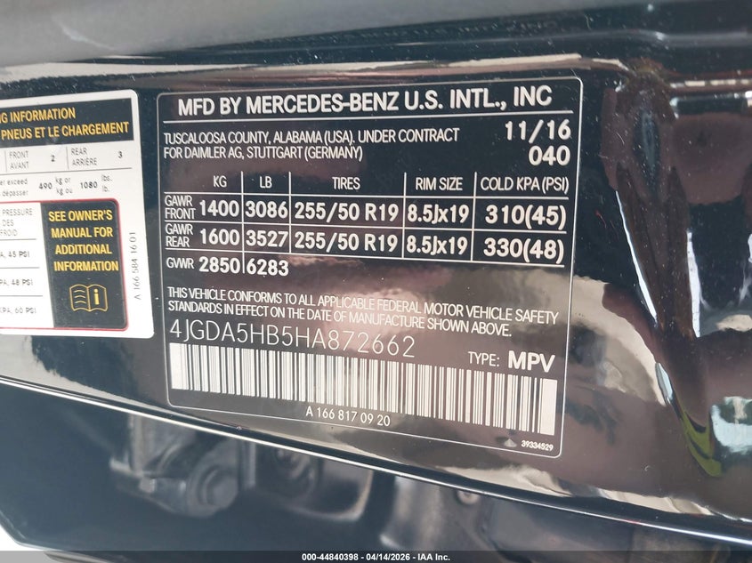 2017 Mercedes-Benz Gle 350 4Matic VIN: 4JGDA5HB5HA872662 Lot: 44840398