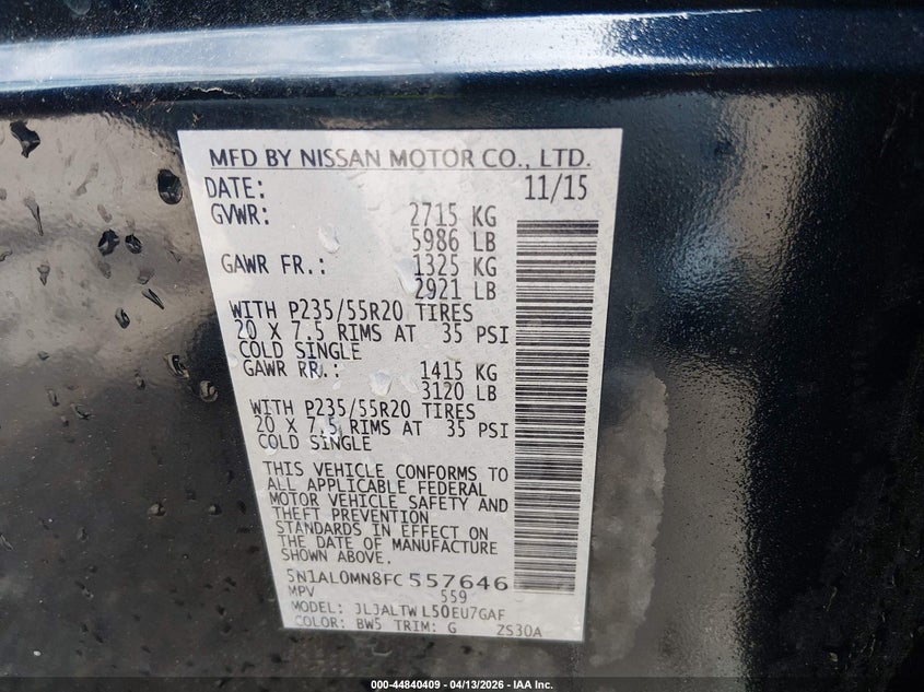 2015 Infiniti Qx60 VIN: 5N1AL0MN8FC557646 Lot: 44840409