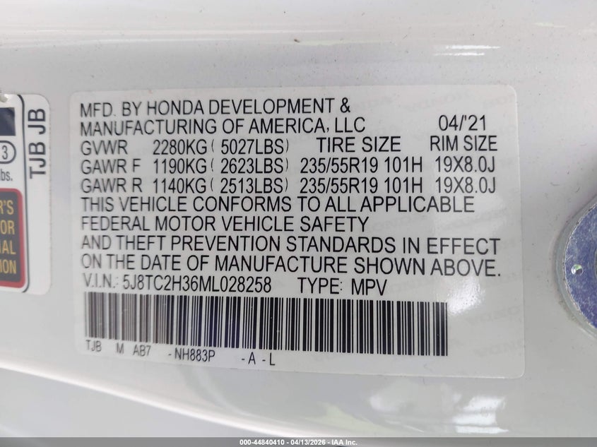 2021 Acura Rdx Standard VIN: 5J8TC2H36ML028258 Lot: 44840410