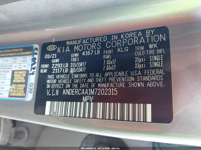 2021 Kia Seltos Ex VIN: KNDERCAA1M7202315 Lot: 44840415