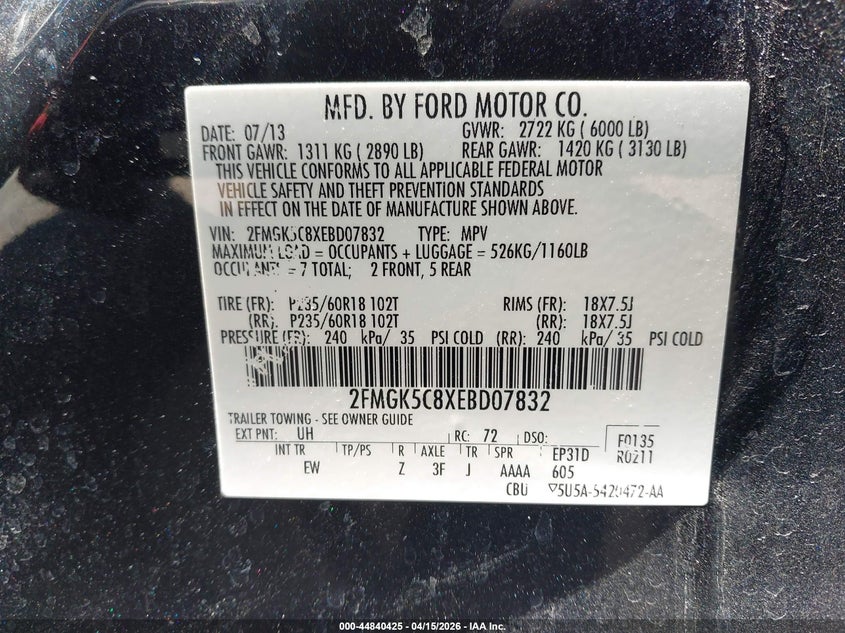 2014 Ford Flex 3.5 Sel Black Lot 111044840425 Vin 2FMGK5C8XEBD07832