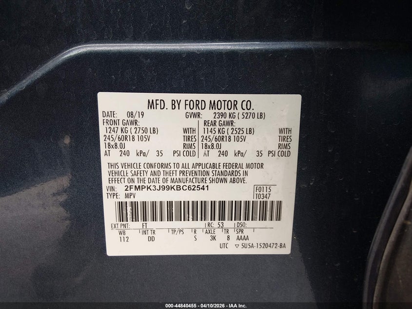 2019 Ford Edge 2.0 Sel blue Lot 111044840455 Vin 2FMPK3J99KBC62541