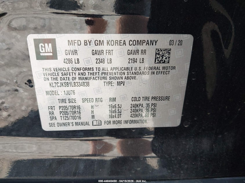 2020 Chevrolet Trax Fwd Ls VIN: KL7CJKSB1LB334838 Lot: 44840458