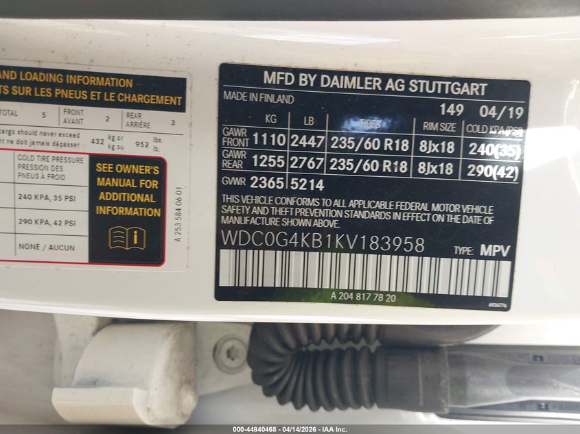 2019 Mercedes-Benz Glc 300 4Matic VIN: WDC0G4KB1KV183958 Lot: 44840468