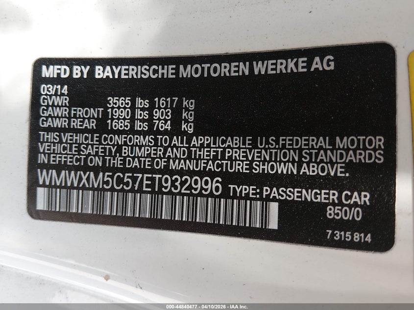 2014 Mini Hardtop Cooper VIN: WMWXM5C57ET932996 Lot: 44840477