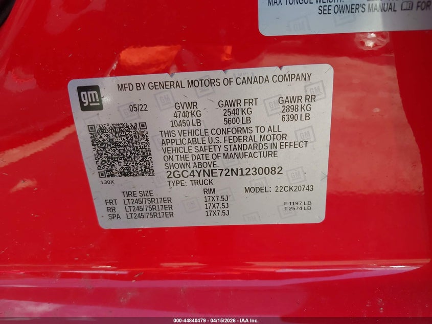 2022 Chevrolet Silverado 2500Hd 4Wd Standard Bed Lt VIN: 2GC4YNE72N1230082 Lot: 44840479