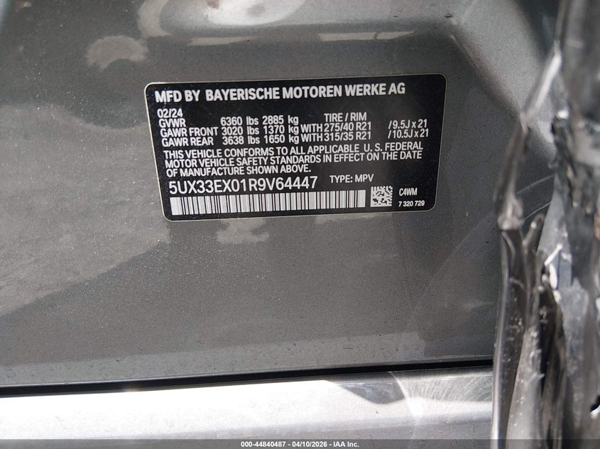 2024 BMW X6 xDrive40I VIN: 5UX33EX01R9V64447 Lot: 44840487