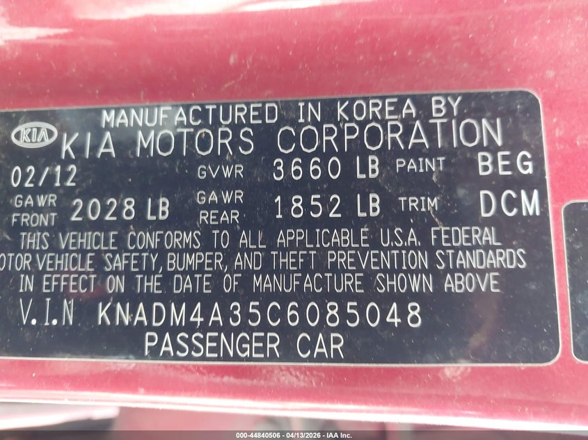 2012 Kia Rio Lx VIN: KNADM4A35C6085048 Lot: 44840506