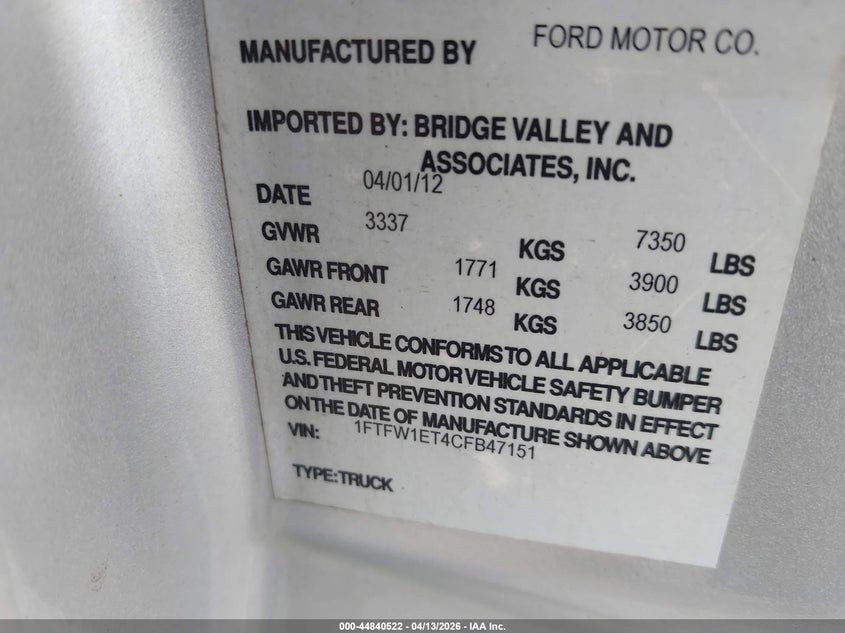2012 Ford F-150 3.5 Xlt silver Lot 111044840522 Vin 1FTFW1ET4CFB47151