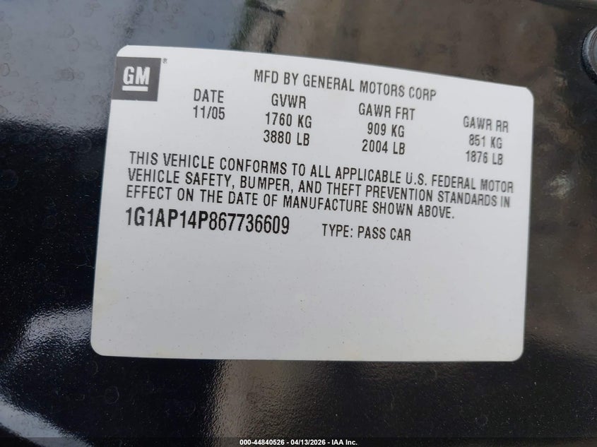 2006 Chevrolet Cobalt Ss Supercharged VIN: 1G1AP14P867736609 Lot: 44840526