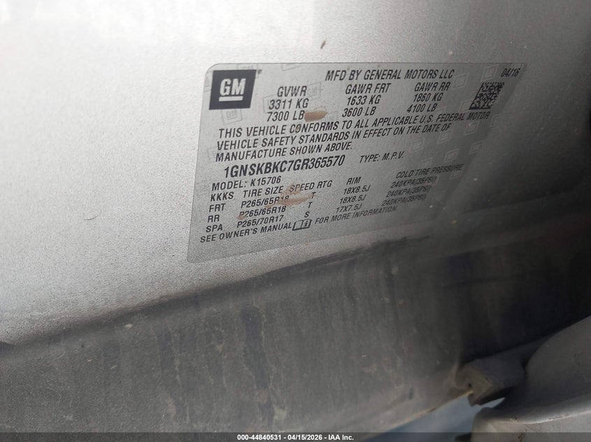 2016 Chevrolet Tahoe Lt VIN: 1GNSKBKC7GR365570 Lot: 44840531