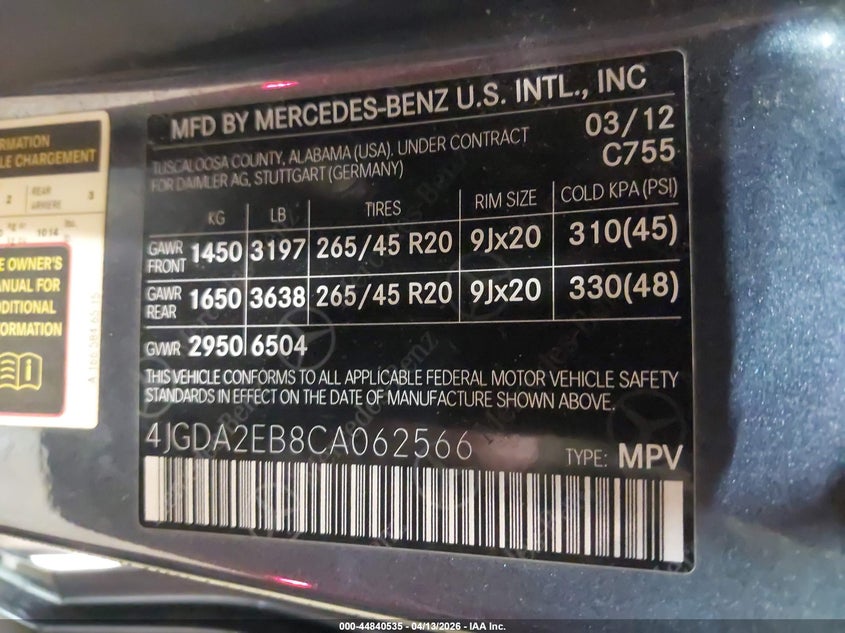 2012 Mercedes-Benz Ml 350 Bluetec 4Matic VIN: 4JGDA2EB8CA062566 Lot: 44840535