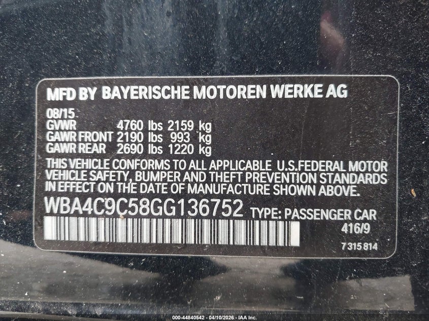 2016 BMW 4er 2.0 428I Gran Coupe xDrive black Lot 111044840542 Vin WBA4C9C58GG136752