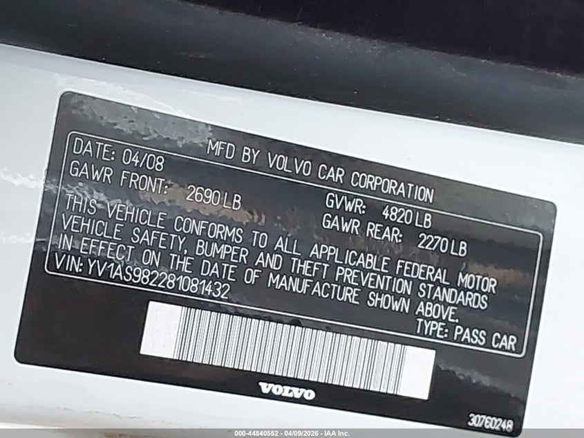 2008 Volvo S80 3.2 VIN: YV1AS982281081432 Lot: 44840552