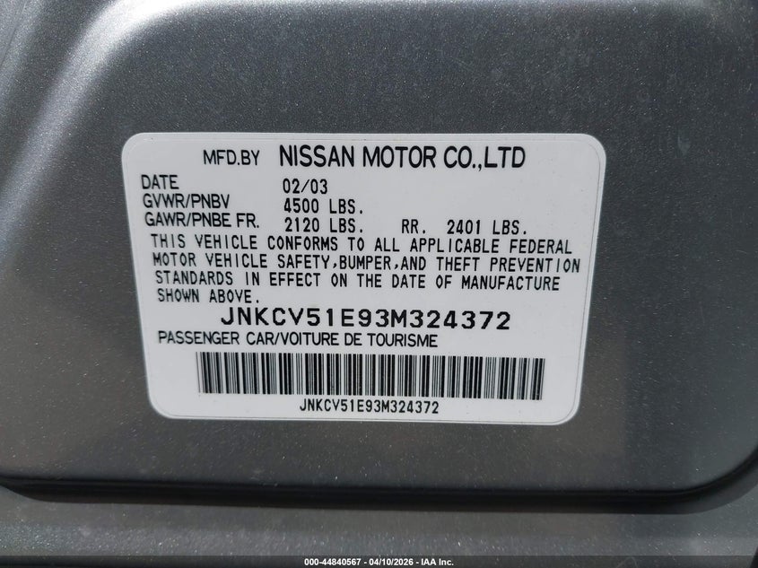 2003 Infiniti G35 Luxury Leather VIN: JNKCV51E93M324372 Lot: 44840567