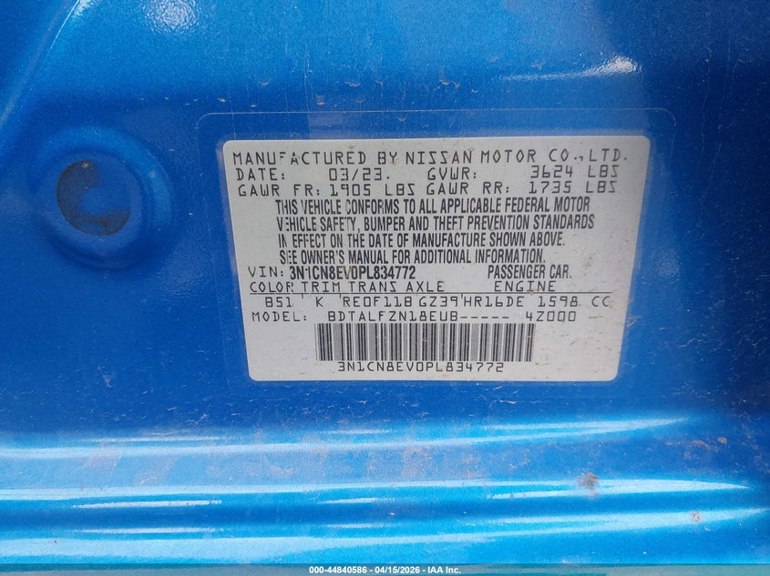 2023 Nissan Versa 1.6 Sv Xtronic Cvt VIN: 3N1CN8EV0PL834772 Lot: 44840586