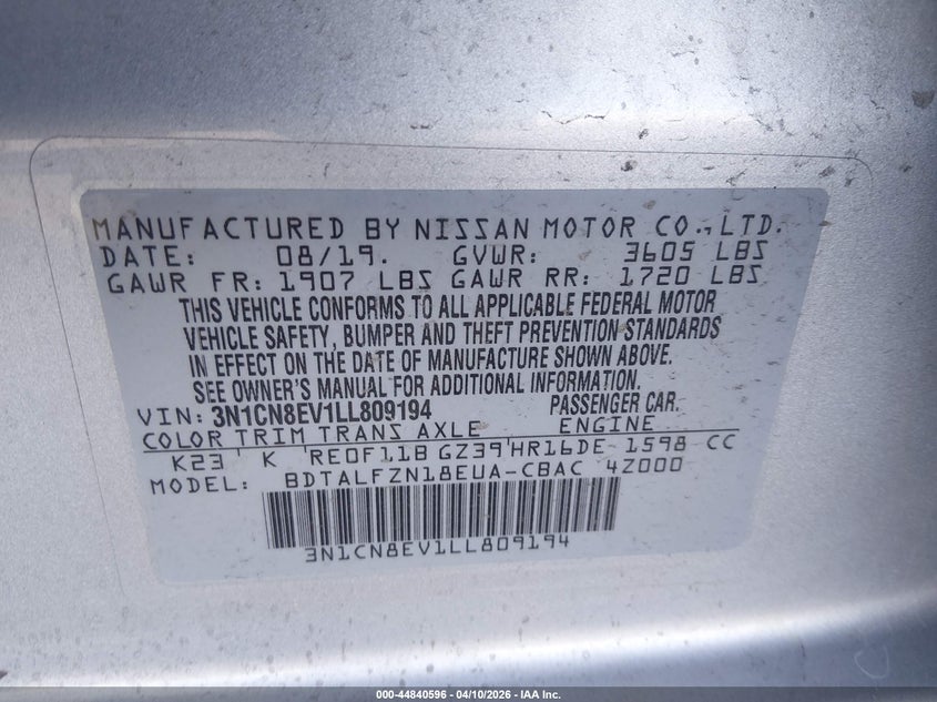 2020 Nissan Versa 1.6 Sv Xtronic Cvt silver Lot 111044840596 Vin 3N1CN8EV1LL809194
