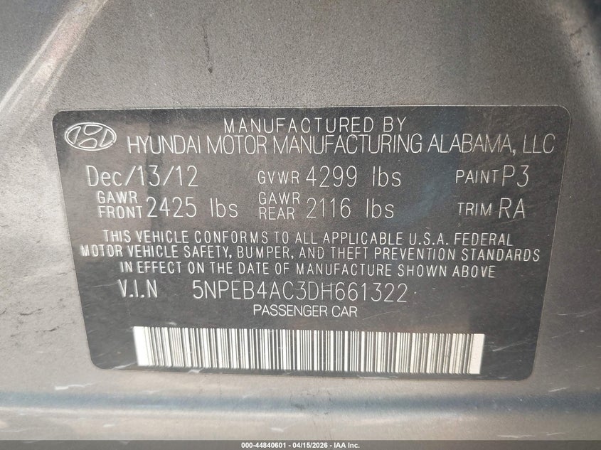 2013 Hyundai Sonata Gls VIN: 5NPEB4AC3DH661322 Lot: 44840601