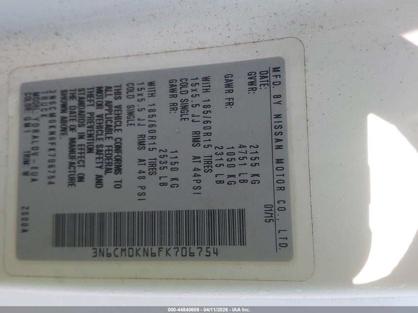 2015 Nissan Nv200 S VIN: 3N6CM0KN6FK706754 Lot: 44840609