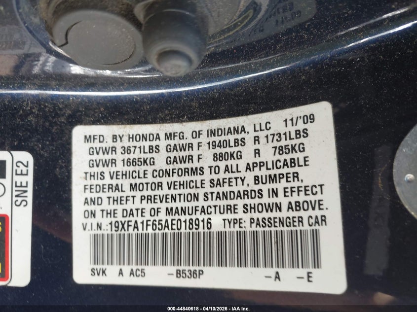2010 HONDA CIVIC SEDAN 1.8L I-4 VVT, 140HP