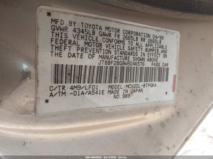 1998 Lexus Es 300 VIN: JT8BF28G8W5046576 Lot: 44840620