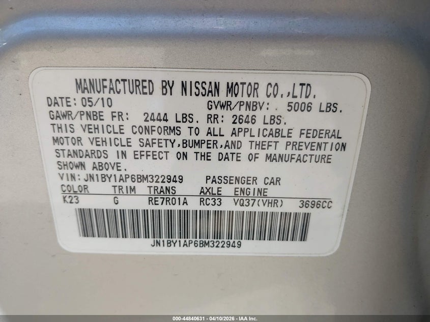 2011 Infiniti M37 VIN: JN1BY1AP6BM322949 Lot: 44840631