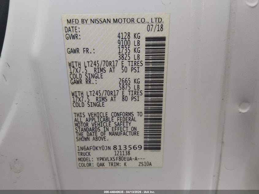 2018 Nissan Nv Cargo Nv2500 Hd Sv V8 VIN: 1N6AF0KY0JN813569 Lot: 44840635