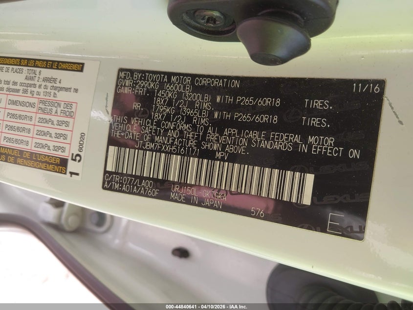 2017 Lexus Gx 460 VIN: JTJBM7FXXH5161171 Lot: 44840641