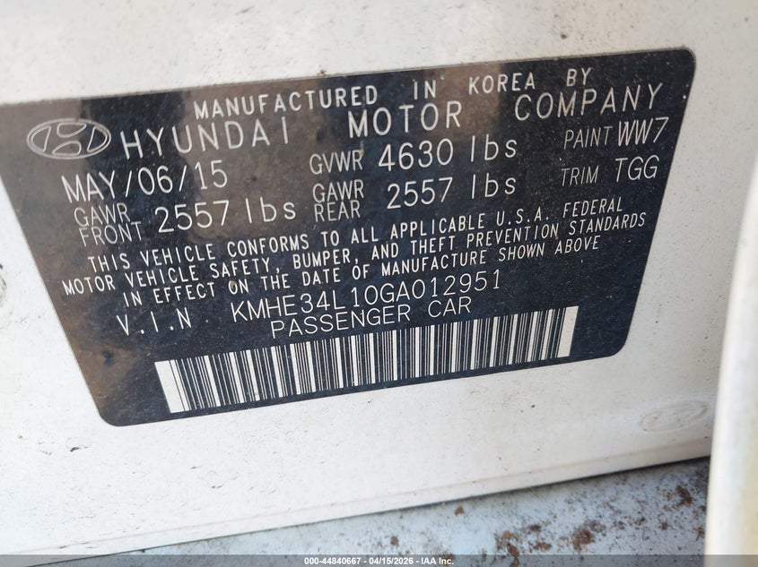 2016 Hyundai Sonata Hybrid Limited VIN: KMHE34L10GA012951 Lot: 44840667