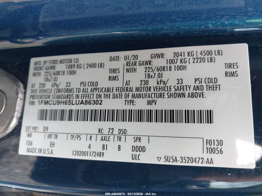 2020 Ford Escape 1.5 Sel blue Lot 111044840670 Vin 1FMCU9H65LUA86302