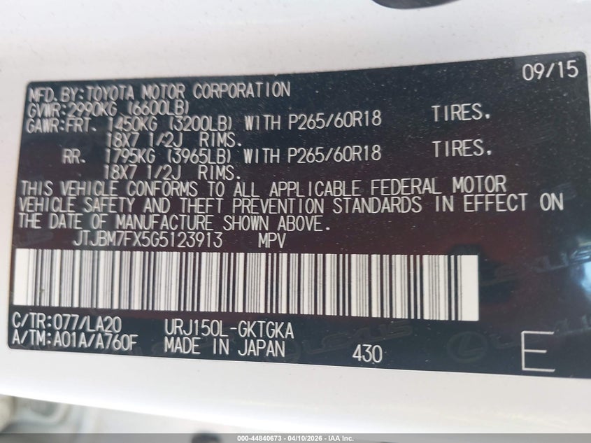 2016 Lexus Gx 460 VIN: JTJBM7FX5G5123913 Lot: 44840673