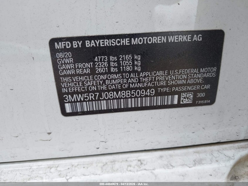 2021 BMW 330I xDrive VIN: 3MW5R7J08M8B50949 Lot: 44840679