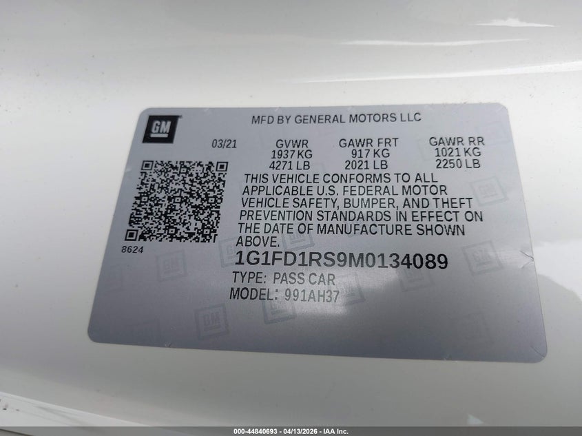 CHEVROLET CAMARO 2021 VIN 1G1FD1RS9M0134089