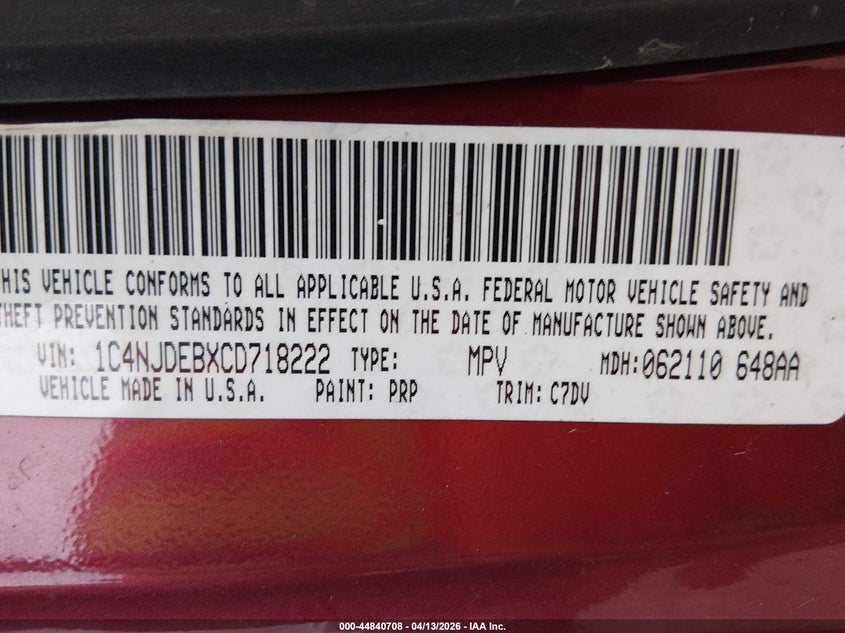 2012 Jeep Compass Latitude VIN: 1C4NJDEBXCD718222 Lot: 44840708