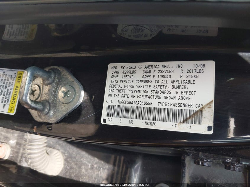 2009 Honda Accord 2.4 Lx-P VIN: 1HGCP26419A046556 Lot: 44840709