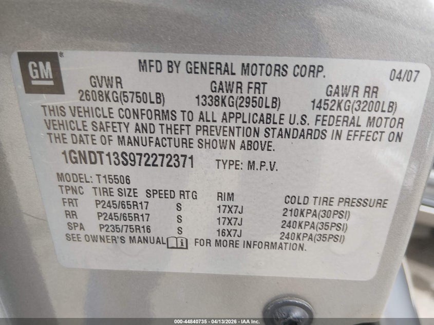 2007 Chevrolet Trailblazer Lt VIN: 1GNDT13S972272371 Lot: 44840735