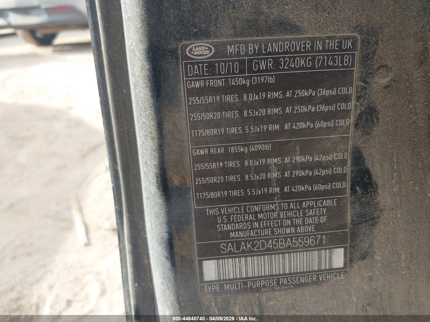 2011 Land Rover Lr4 VIN: SALAK2D45BA559671 Lot: 44840740