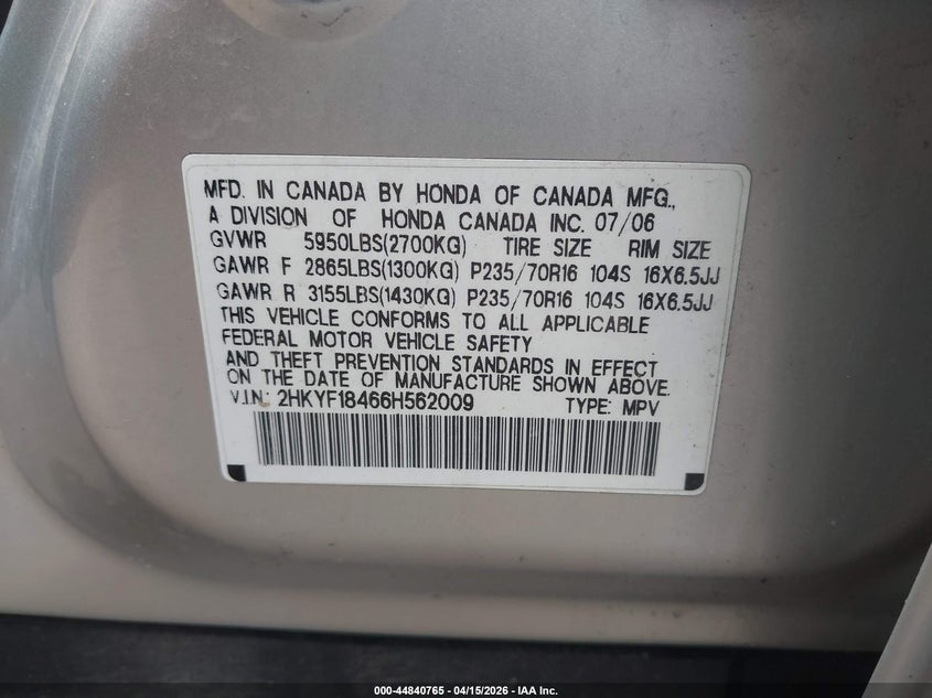 2006 Honda Pilot Ex VIN: 2HKYF18466H562009 Lot: 44840765